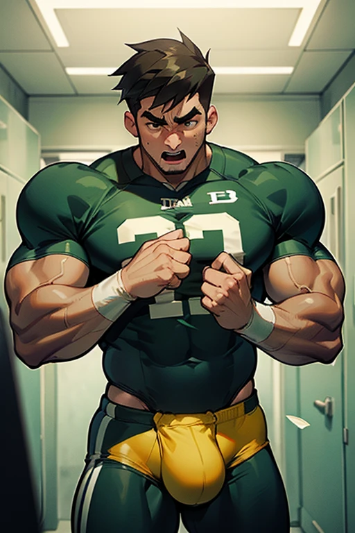 Danny Phantom, ghost, hypnosis, jock, conversion, locker room hallway, hyper muscles, jockstrap, bro, meathead, hypnotized, brainwashed, brainwashing, big dumb jock, football. Danny Fenton is hypnotized by Dash to become another dumb football jock bro. Glowing green eyes. Hyper crotch bulge. Massive bulging crotch. Big balls. Big biceps. Big triceps. Big traps. Broad shoulders. Big meaty pecs. Big thighs. Thick glutes. Football team assimilation. Black hair. Deep dull voice. glazed expression. dumber and dumber. Open mouth. Clothes turning into a football uniform. Forgetting. "I feel like I ... I ... I'm a ... I'm a .... "Bro, I feel ... kinda ... uhhh ... stupid...? Like, ... my head gets ... dumber, and ... dumber, and ... dumber..... I'll ... be dumb ... for Coach.... Bigger and bigger ... dumber and dumber.... Huhuhuh.... Yes, Coach. A good dumb jock is big and dumb. A good dumb jock's what I'll become.... Must grow big..... Must grow dumb.... Don't think.... Obey Coach.... Yes, Coach, I must obey.... The Big Dumb Jocks are here to stay.... Protect the QB. Whatever you say.... Dash, ... is my quarterback.... Dash ... is my bro.... Bully nerds.... Give wedgies.... Be a jerk.... Yes, Coach.... Yes, Dash.... I obey.... Let's crack some skulls." IQ drain. Dumber and dumber. Meathead. Musclehead. Brute. Brutification. Brainwashing. Brainwashed. Number 13 football jersey. Blonde highlights.