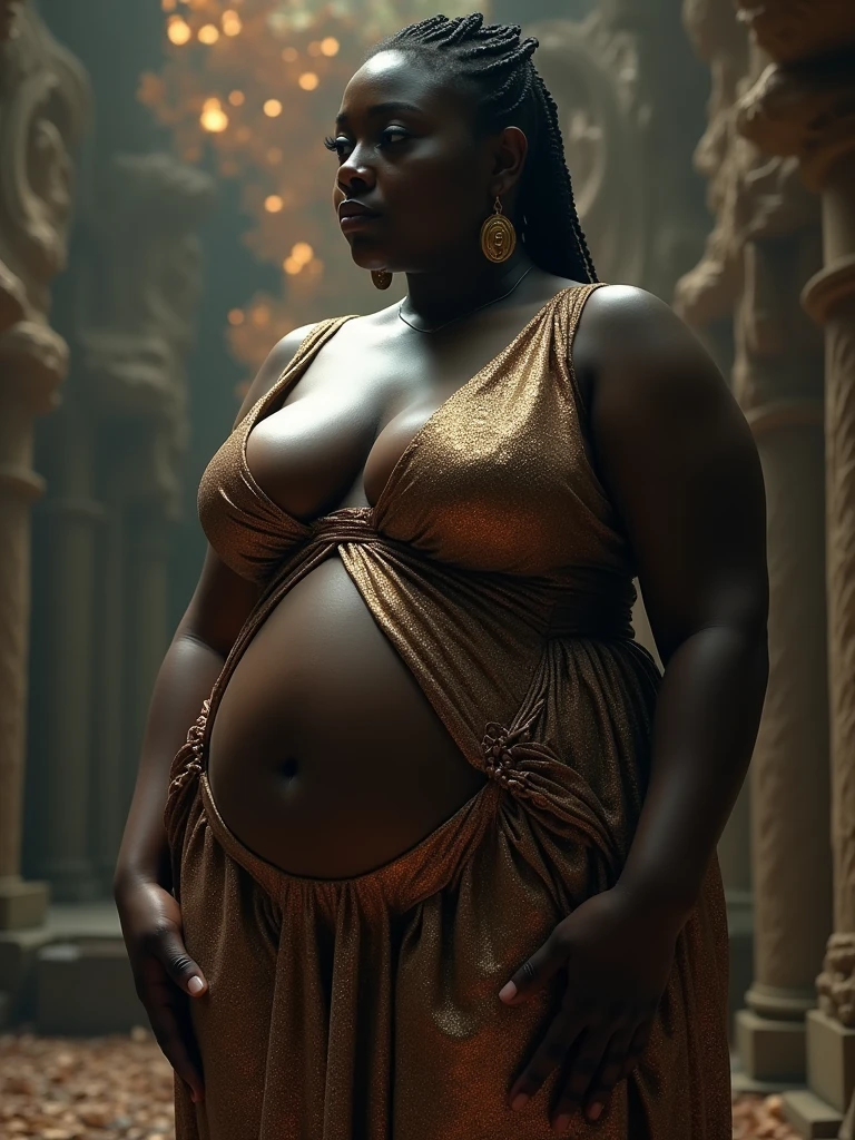 extremely dark skin Jawara Woman, big bulging ass, tiny waistline, huge booty, tiny thin chest tapered waist, metallic fabric, eloquence