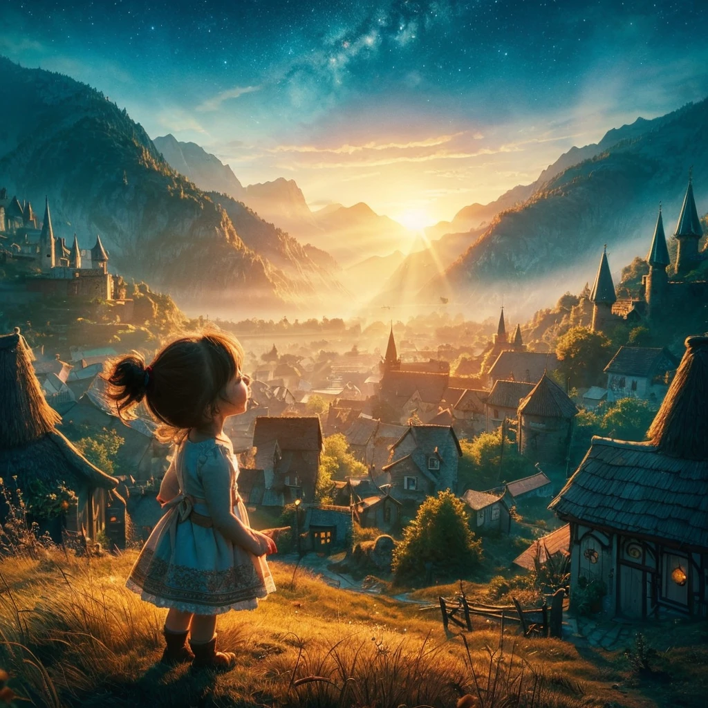 Best quality, fairytale book, In a small village, as the sun dipped below the hills, a  looked up at the sky, her heart full of wonder.