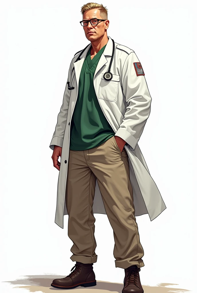 a drawing, bright coloured, one men, 30years, Cao Cao, 1,90 tall, Seriously, very dark blonde american hair, Eyeglasses, army doctor clothes, big white coat, green shirt, Beige pants, shoes, apocalypse style, white background, fully body