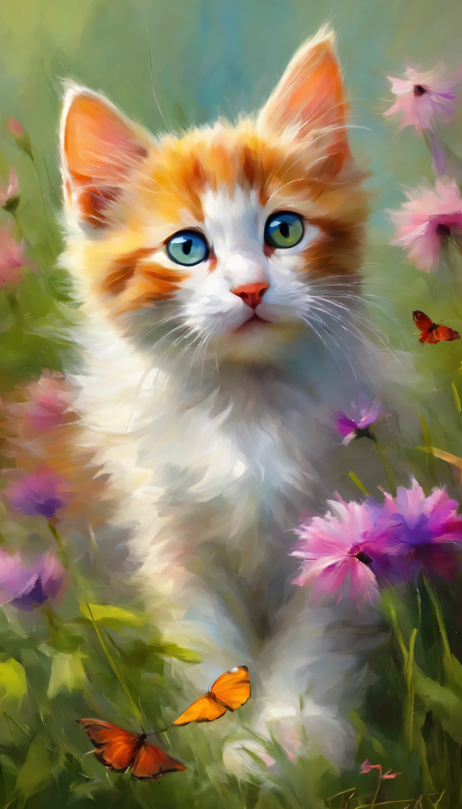 (Best quality,Ultra-detailed,Realistic),A kitten watching a butterfly,Beautiful detailed eyes,curious expressions,with its soft fur,Small paws,Fluffy tail,Cute beard,Sun-drenched garden background,Lush green grass,Bright flowers,Delicate butterfly wings,Float gracefully,Colorful petals,Gentle breeze,Playful movements,Vivid colors,Artistic rendering,subtly lit