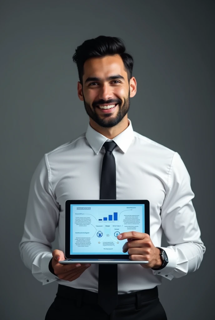 best quality,4k,8k,highres,masterpiece:1.2),ultra-detailed,(realistic,photorealistic,photo-realistic:1.37),An ultra-realistic, high-definition photo of a confident young businessman with neatly styled black hair and a well-groomed beard, dressed in a crisp white shirt and black tie. He is smiling warmly while holding a sleek tablet in his hand, pointing to the screen with his finger. The tablet showing displays a professional business presentation with clean blue tones, clear text, and sharp infographics. The background is a smooth gradient from dark grey to light grey, creating a professional and modern vibe. The lighting is soft and balanced, highlighting every detail of the subject’s facial features, attire, and the glossy surface of the tablet
