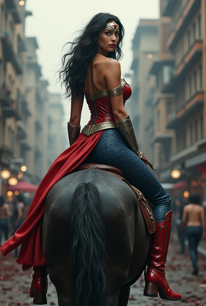 A beautiful woman Adriana Lima under the mantle of the Amazon warrior Wonder Woman red corset and navy blue pants with scales diaema in silver metal with a red star on her forehead long red boots up to her knees is a beautiful woman (((((is on a black horse))))) through the streets of an apocalyptic and bloody city images from the side