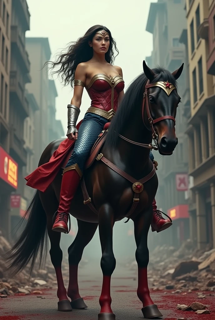 A beautiful woman Adriana Lima under the mantle of the Amazon warrior Wonder Woman red corset and navy blue pants with scales diaema in silver metal with a red star on her forehead long red boots up to her knees is a beautiful woman (((((is on a black horse))))) through the streets of an apocalyptic and bloody city images from the side