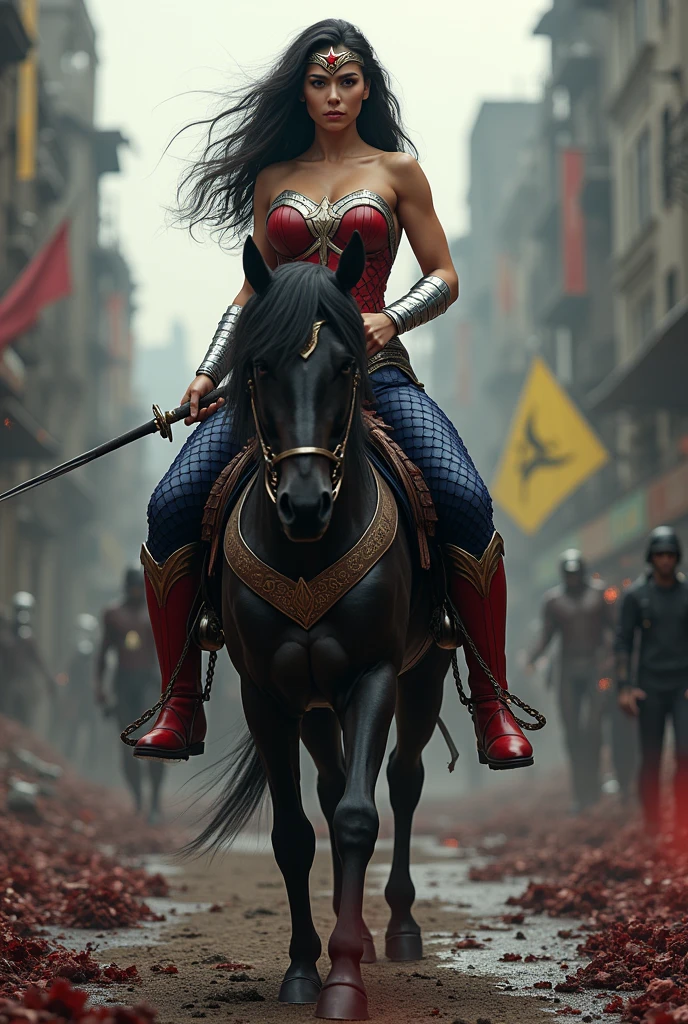 A beautiful woman Adriana Lima under the mantle of the Amazon warrior Wonder Woman red corset and navy blue pants with scales diaema in silver metal with a red star on her forehead long red boots up to her knees is a beautiful woman (((((is on a black horse))))) through the streets of an apocalyptic and bloody city images from the side