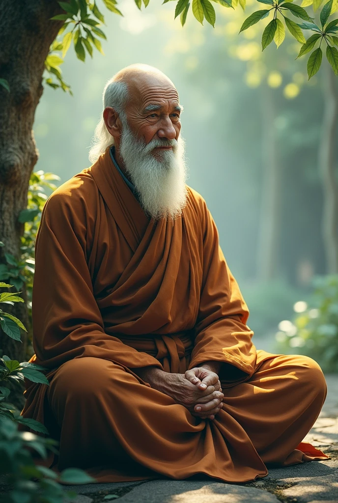 "A wise old monk with a serene expression, wearing traditional robes and sitting in a peaceful, natural setting. The monk has a gentle and inspiring presence, with a calm and reflective demeanor."