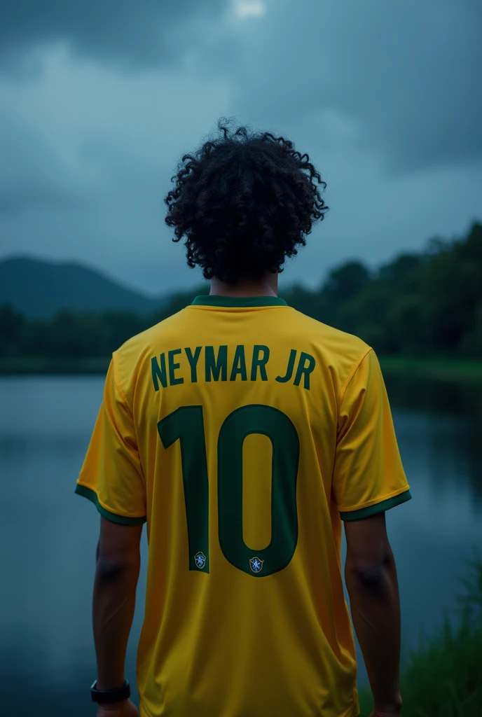 Better quality photography ((masterpiece))
A 20-year-old young man with his back turned is looking at a lake, The young man is on his back and on his back is the name Neymar JR with the number 10 below his yellow Brazilian soccer shirt. He has slightly long, curly black hair., It's already night Epic reality