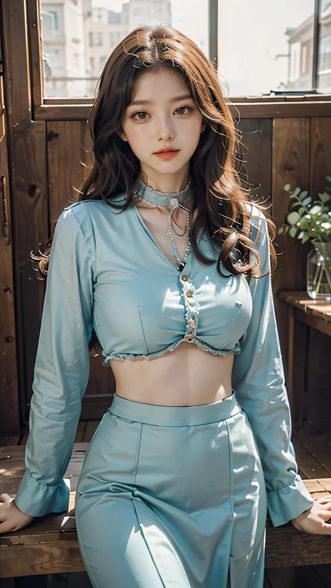 detailed background, masterpiece, best quality, 1 person , curly hair, long hair, purple eyes, star in eye , turquoise blouse, long skirt, cute different poses, indoor wood furniture ,light wood color,, upper body , collar design