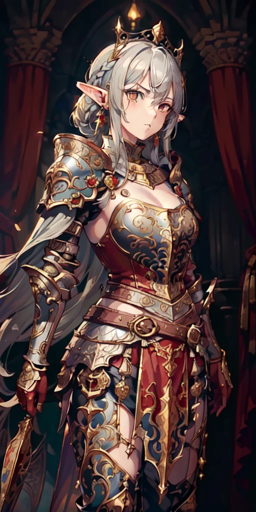 (full plate gothic armor, breastplate, red cape, long plate skirt, ), detailed vibrant eyes, Perfect features, (masterpiece), (best quality:1.4), intricate details, moist skin, shiny skin, glossy skin, (masterpiece, best quality, good quality:1.4), intricate details, (detailed background, medieval town, blue sky), (cinematic lighting, best illumination, colorful), (1girl, solo, elf girl, glowing red eyes, short braided hair, silver hair, elven_ears, sharp face, serious face, thicc_thighs, big ass, very wide hip, small breasts, stern look, lean body, perfect hand, tall, gold hair ornament), hands crossed, looking at viewer