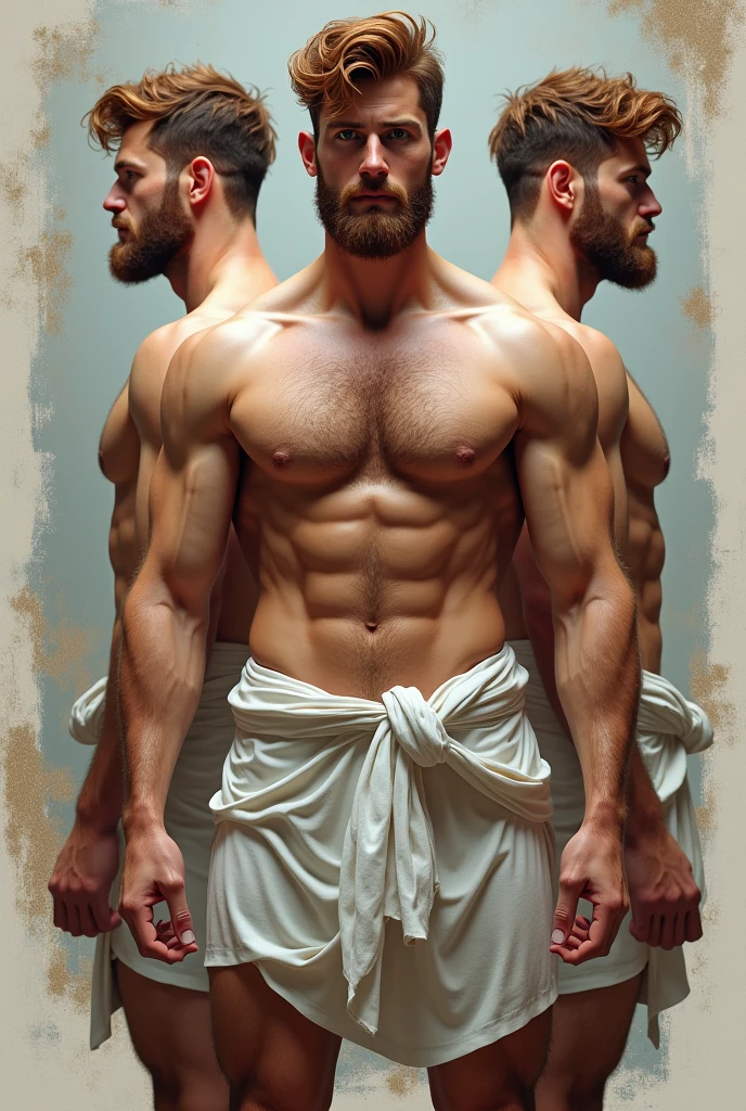 (work of art), ultra detaild, 3 view, Character view (from front view, lateral view , rear view), (detailed character sheet) , sketch reference of a god of war, God of Greek mythology, His physical appearance is often portrayed as having a strong, muscular build.., age 25, chestnut hair, ((hair on the chest++)) wearing traditional white Greek clothes, like a loose tunic or chiton, ultra-realistic, sharp, details Intricate, details Intricate, and style, Simple background illustration. ((Portrait body)), , (detailed eyes): detailed background, photorealistic, realistic hands, perfect hands HD 8K, by (Directed by: Daeni Pinho, (by ruaidri), (by virtyalfobo), (by Kenket). ,defined and beautiful muscles, big penis, Huge penis, penis Beautiful, defined, penis with details and hyper perfect, Luscious, giant penis, muscular penis, veiny penis, beautiful penis, photorealistic penis, detailed penis, perfect penis, big penis, luscious penis, sweaty penis, hard penis, perfect penis HD 8k, round testicles, perfect testicles, hairy testicles,