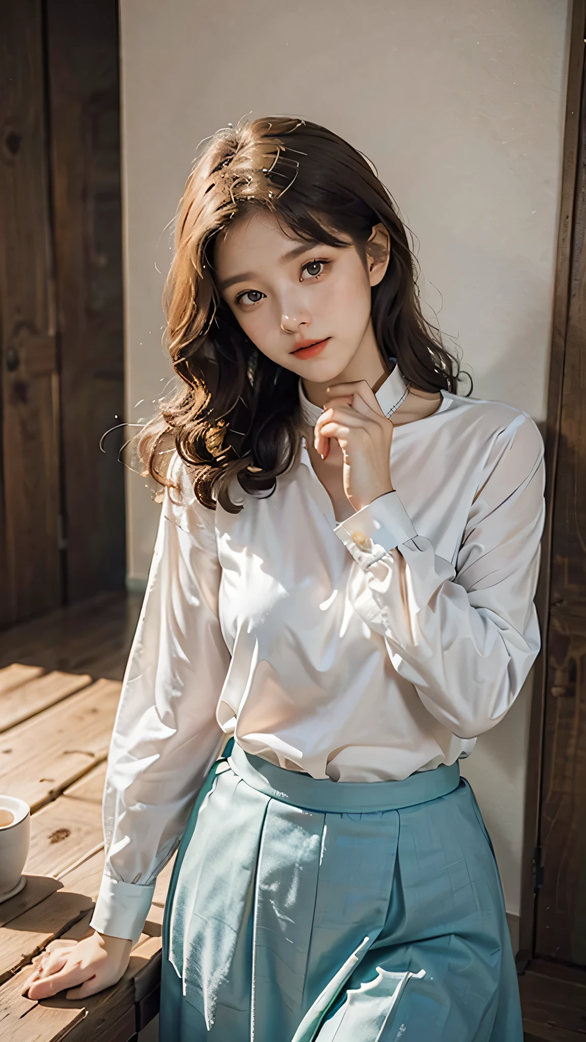 detailed background, masterpiece, best quality, 1 person , curly hair, long hair, purple eyes, star in eye , turquoise blouse, long skirt, cute different poses, indoor wood furniture ,light wood color,, upper body , collar design