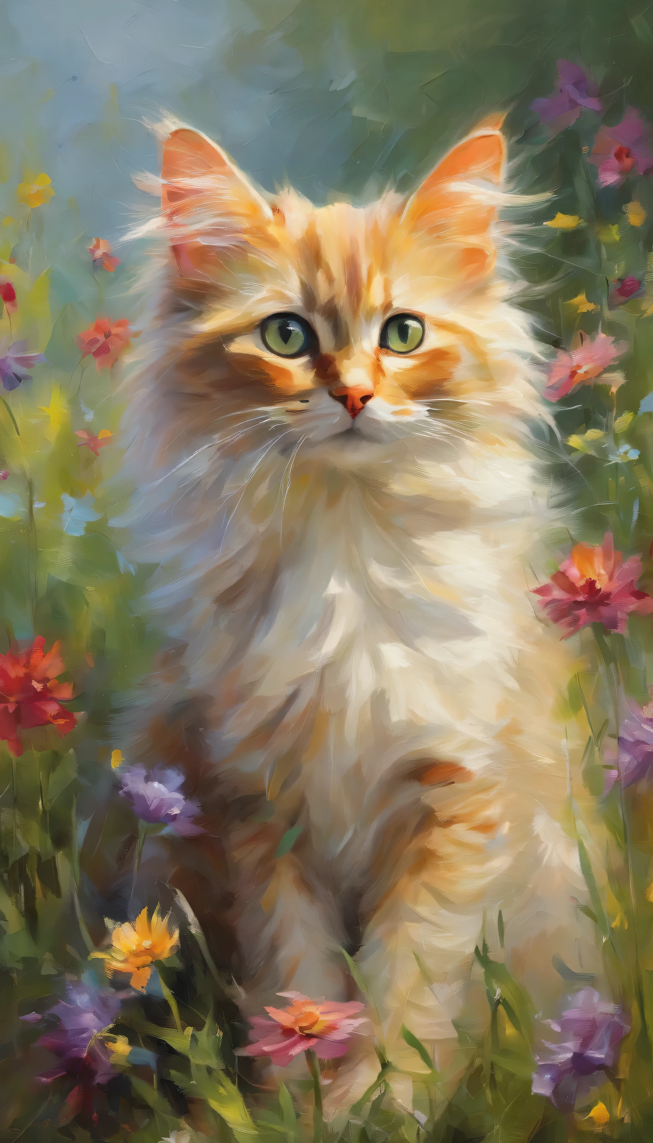 (Best quality,Ultra-detailed,Realistic),A kitten watching a butterfly,Beautiful detailed eyes,curious expressions,with its soft fur,Small paws,Fluffy tail,Cute beard,Sun-drenched garden background,Lush green grass,Bright flowers,Delicate butterfly wings,Float gracefully,Colorful petals,Gentle breeze,Playful movements,Vivid colors,Artistic rendering,subtly lit
