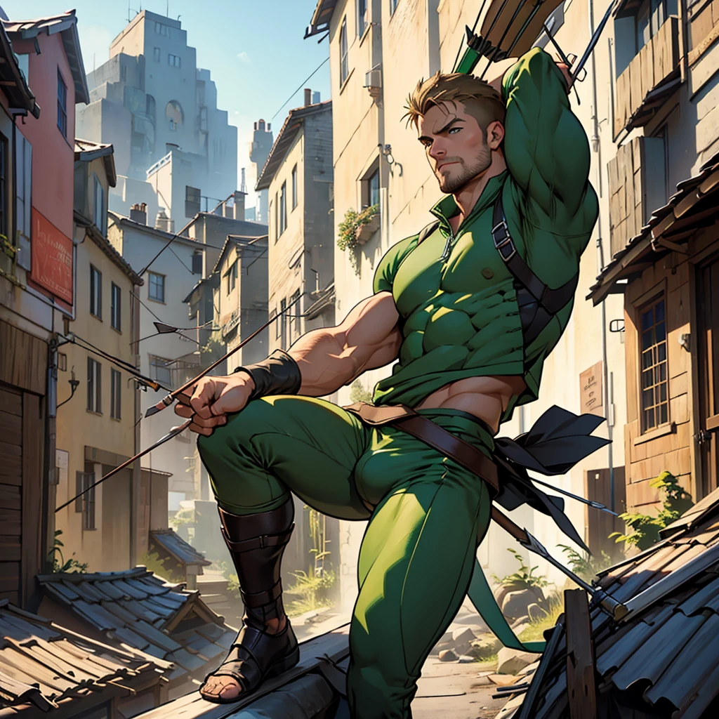 In movement ,in action , 8k, high quality , very well detailed face , detailed fingers ,detailed muscles, detailed background,  stephen amell as green arrow , wearing dark green outfit, showing a dark blond short hair WITH FADE AWAY , a well groomed facial hair , a bulge ,hunk and handsome, using his bow and arrow , aiming with his bow and arrow toward the ennemy,in action , jumping from roof to roof , in the air  , with the quiver on his back full of arrows, background cityscape at DAY LIGHT 