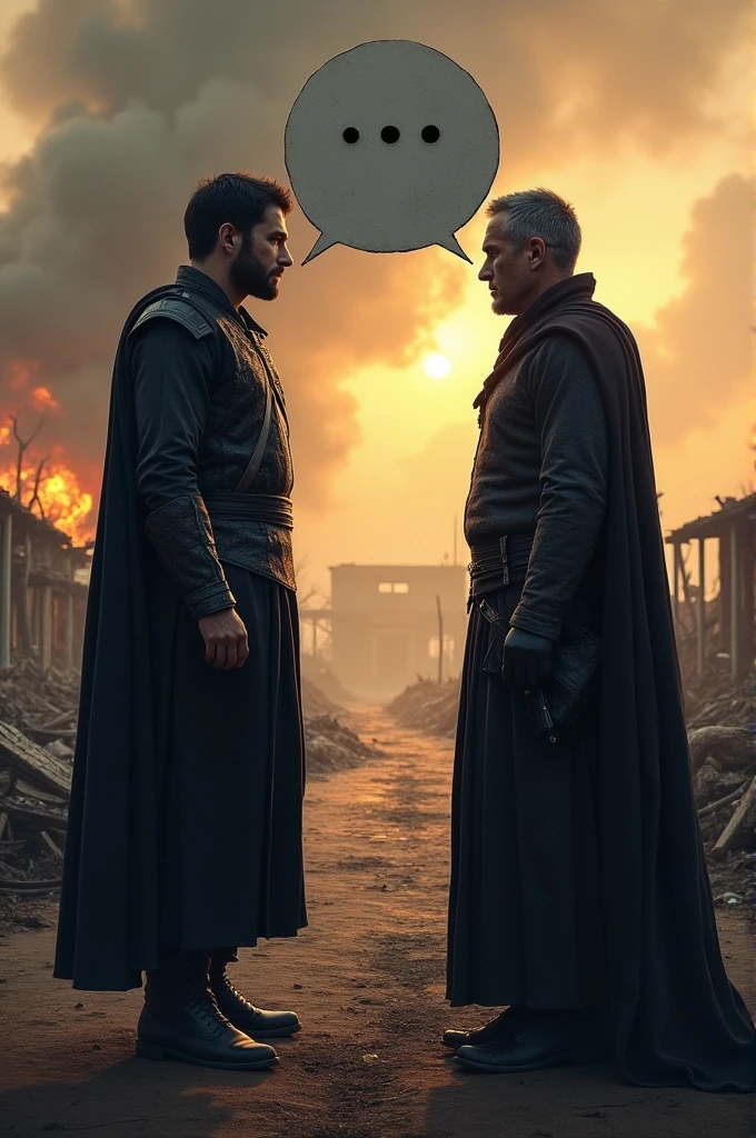 Man dressed in black talks to his leader while a looted village is in the background, Above the man's head is a speech bubble with ellipses