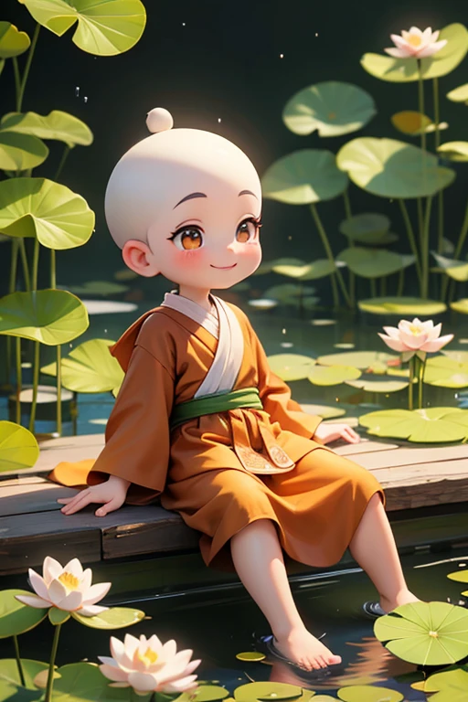 Cute monk smiling while listening to a lecture by a lotus pond， There are lotus raindrops　More UP