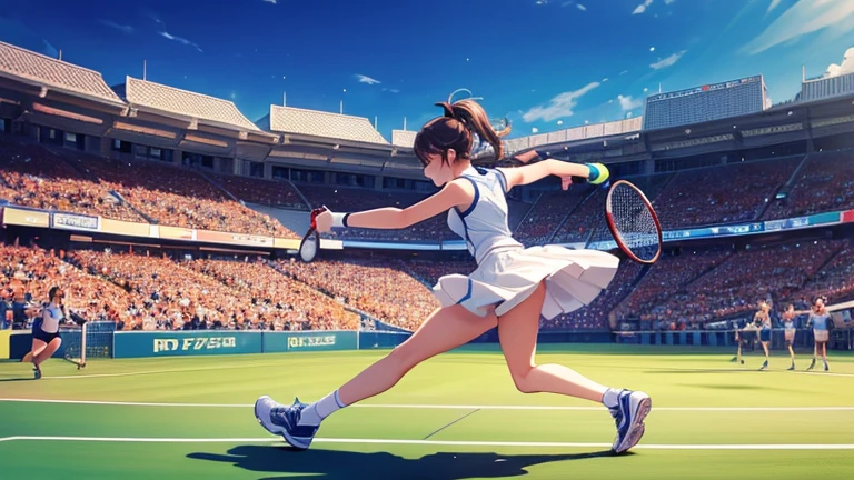 Holding a tennis racket in one hand、Please draw an illustration of a woman chasing the ball during a game.。The woman runs towards the ball with all her might、Sportswear fluttering in the wind。The audience seats can be seen in the background.、You can feel the tension of the match。