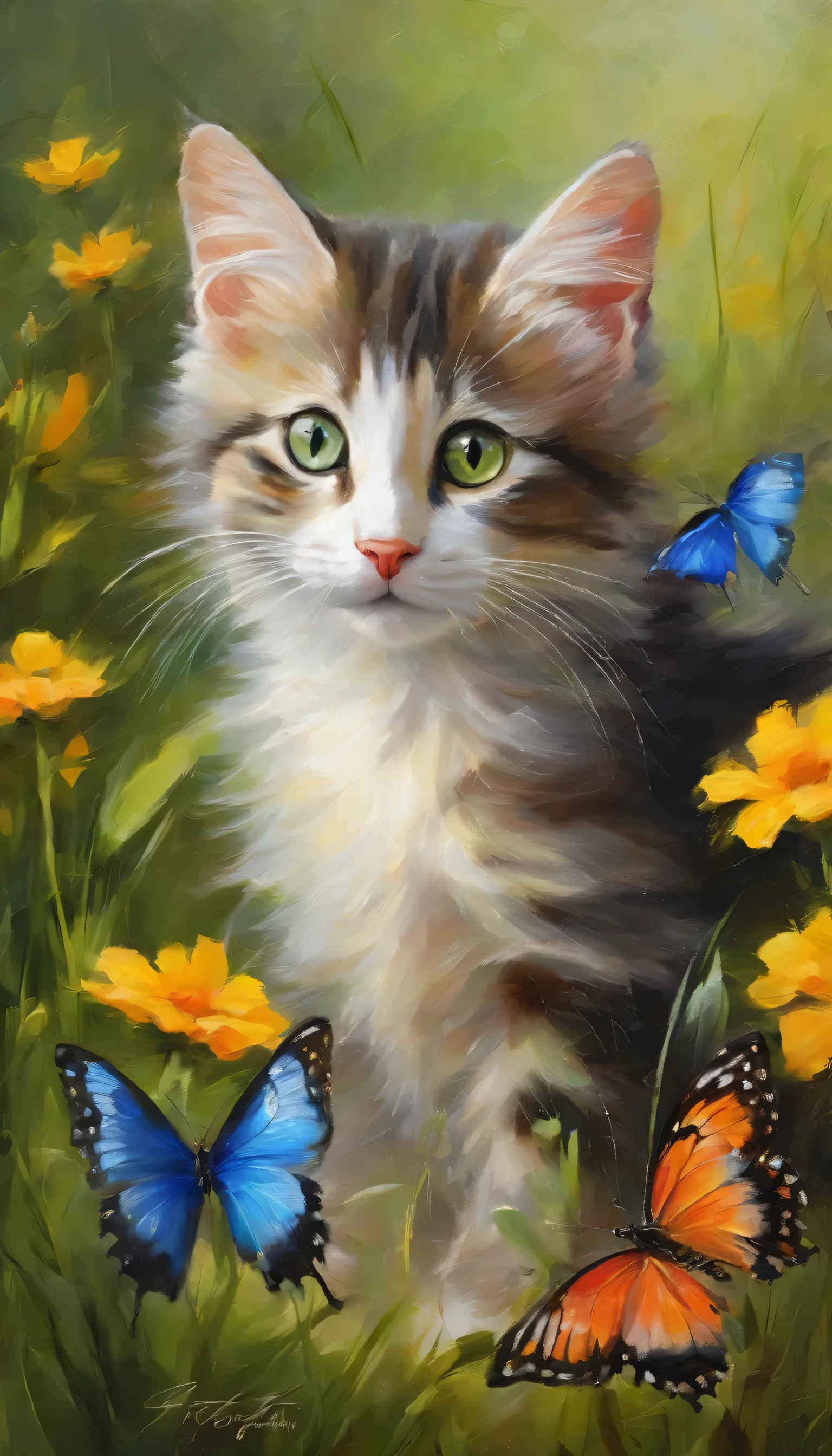 (Best quality,Ultra-detailed,Realistic),A kitten watching a butterfly,Beautiful detailed eyes,curious expressions,with its soft fur,Small paws,Fluffy tail,Cute beard,Sun-drenched garden background,Lush green grass,Bright flowers,Delicate butterfly wings,Float gracefully,Colorful petals,Gentle breeze,Playful movements,Vivid colors,Artistic rendering,subtly lit