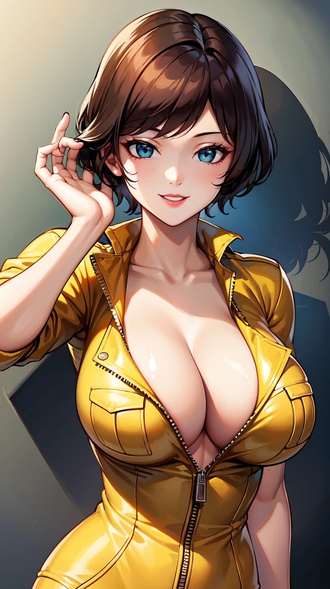 ((super high quality,Ultra-high resolution,16K,super masterpiece,Ultra HD ,Detailed shading)),Sexy woman,Cleavage,Yellow jumpsuit,popped Tight collar,smile,
