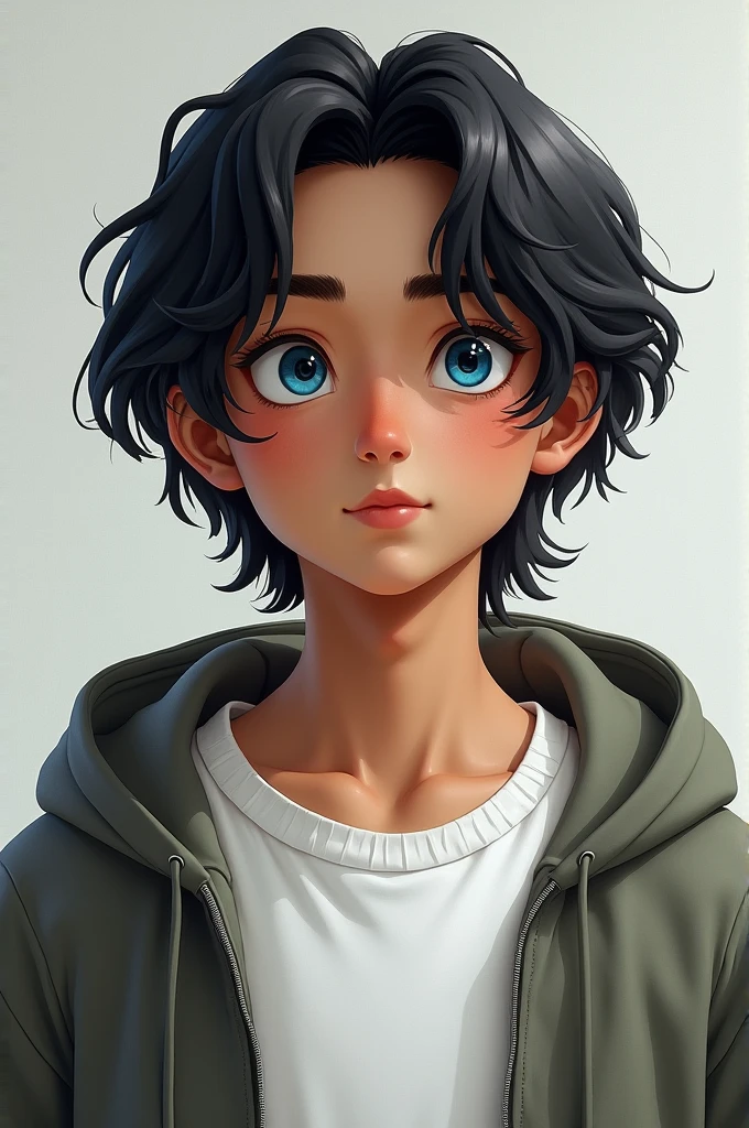 Biracial 1 male with medium black hair and blue eyes. He's wearing a white polo t-shirt and a hoodie.