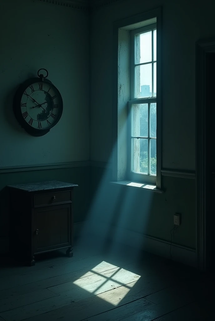 A lonely room where a ray of moonlight enters through the window in a sad and melancholic atmosphere where the moonlight reveals a bit of a broken clock on the wall.