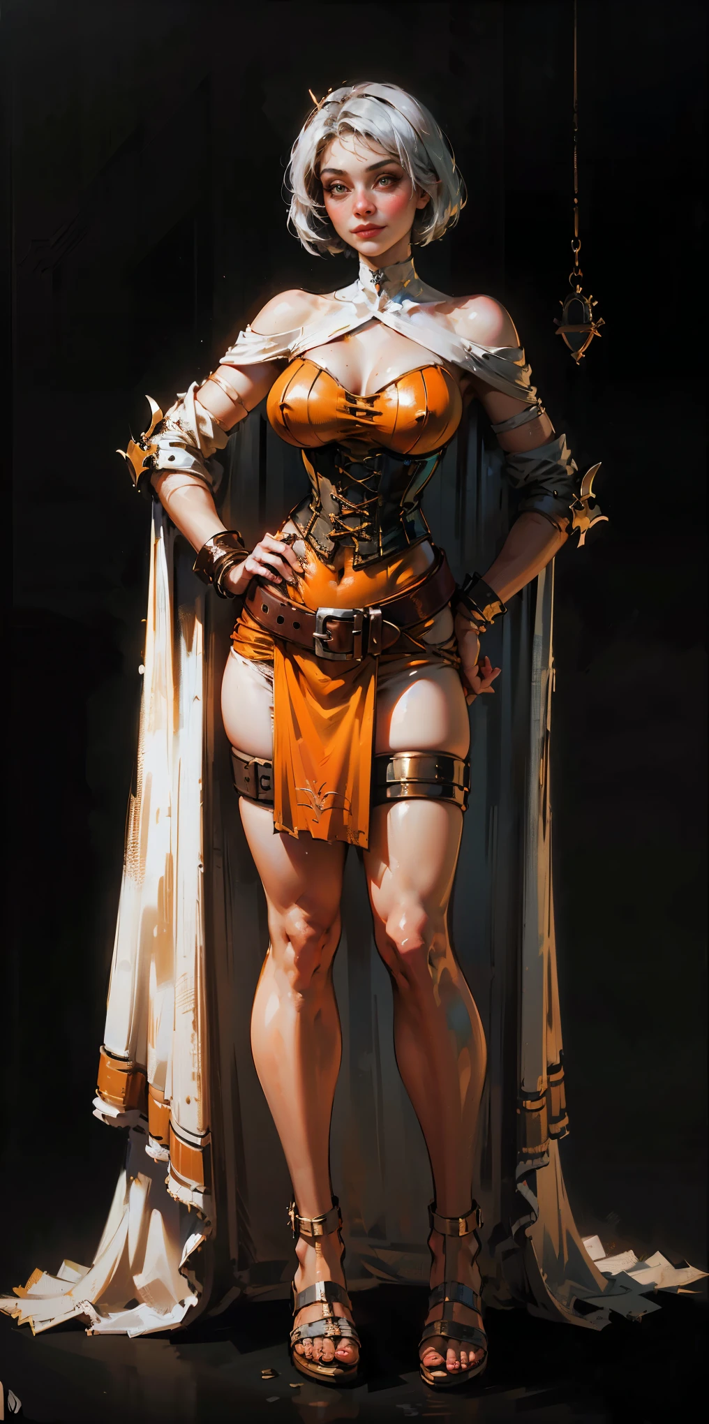 ((BLACK BACKGROUND,1:2, masterpiece)), full body MILF BIMBO standing with two long thighs and two metal sandals, red eyes, silver white hair, short bob style hair, big breasts, cleavage, separate sleeves, tiara royal, long cape up to two feet, yellow bikini, hands on waist, navel, lustful smirking smiling, smile face (red blushed, red cheeks), metal shoulders, gold sleeveless armbands, black leather choker slave collar, shackle bracelets, sex slave red crest, pauldrons, breastplate, corset, eye focus, full body, whole body. 1solo . slave fighter, loincloth standing, hands on hips, metal sandals, backpack, choker, big belt, view from below, feet together, bracers, tiara)