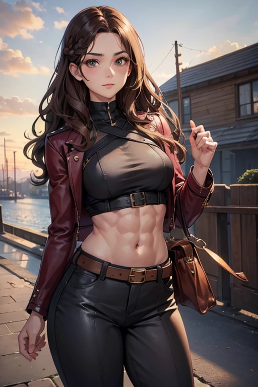 happy, joyful, wavy brunette hair, single side braid, best quality, ultra-high-detailed-anatomy, hdr, vivid colors, masterpiece, background, perfect anatomy, hazel eyes, abs, obliques, biceps, quadriceps, thick thighs, incredibly tall, Toned, Athletic, biceps, very tall, brunette hair, hazel green eyes, exception exceptionally tall person,  a boat neckline tailored blouse in a bold color like deep burgundy, high-waisted wide-leg trousers in charcoal gray, A wide belt with a statement buckle, cropped leather jacket, minimalist crossbody bag 