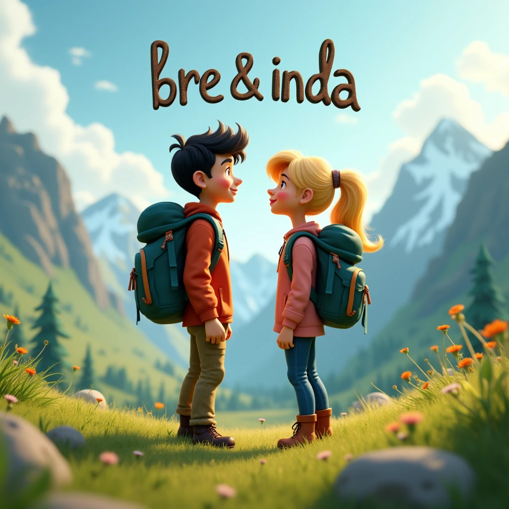 an artistic text written "BRE & NDA" above couple in outdoor, black hair male, blonde hair female, cargo pant, jacket and backpack, green mountainous theme, 3d cartoon, fantasy art, masterpiece, high definition, extreme detail, cinematic lighting, 4K