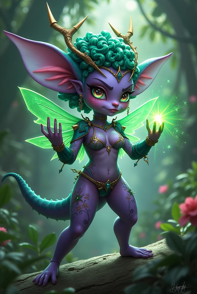 Prismatic coloration. Jungle like environment. A short young Gremlin like Plant woman with a Deep purple skin tone lit up with heavy miniscule starlike freckles & a set of B-cup breast bearing curvaceous hips, Slender Legs, & a round but small ass. She has short leaf green curly hair stopping at the top of her neck with various flowers growing within. She is wearing a revealing Bikini like armor exposing much of her chest area with Golden celestial designs & an otherworldly Tiara on her head. She has a serious face & a stern gaze in her sharp Starlike Golden Glowing eyes with black sclera & a heavy freckled form. She has long transparent Crystal like Blue antlers radiating Floral energy & a set of elegant Elven ears. She has long Ruby red vine like tattoos running all around her body accompanied by violet Star-like Tattoos running along them. She has a small cute nose. She has large Crystal Golden Fairy-like wings with a starlike pattern & a long dragon-like arrow-tipped tail .She is seen in a battle stance summoning verdant green Starlight magic from her fingertips