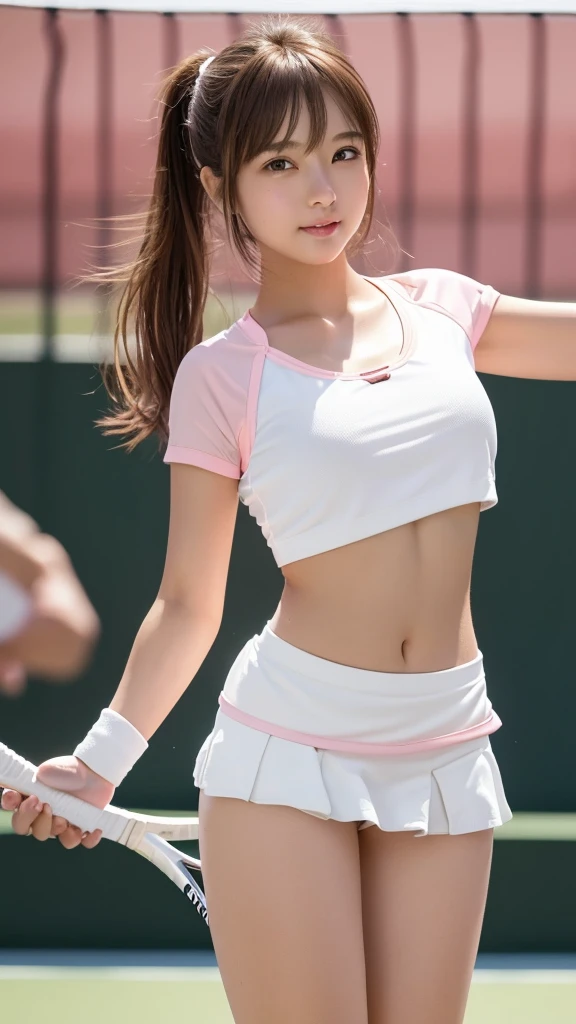masterpiece, Highest quality,Very detailed,High resolution,(Realistic, photoRealistic:1.37),Excellent anatomy,1 person,(height: 152 cm),1 person,Cowboy Shot,Front view,Tennis Girl,Very beautiful face,Cute type,A small smile,Big Natural Color Lip,Big and beautiful eyes,Brown eyes,Obvious double,Small and cute nose,Soft light brown long hair,Asymmetrical bangs,Floating Hair NovaFrog Style,(((Pink tennis wear))),(((White super short mini skirt:1.5))),(((No pants:1.5))),((Tennis court:1.3)),Soft Light,RAW quality,Soft Skin,(Glowing Skin,Sweaty:1.4),Beautiful Hands,Five strong fingers,Beautiful legs,Voluptuous thighs,Plump body,Huge ,(Expresses the roundness and softness of the chest area..........1),Beautiful body,(Perfect Woman),((Skirt flip:1.((Are you okay:1.5)),((Provocative dynamic pose:1.5))