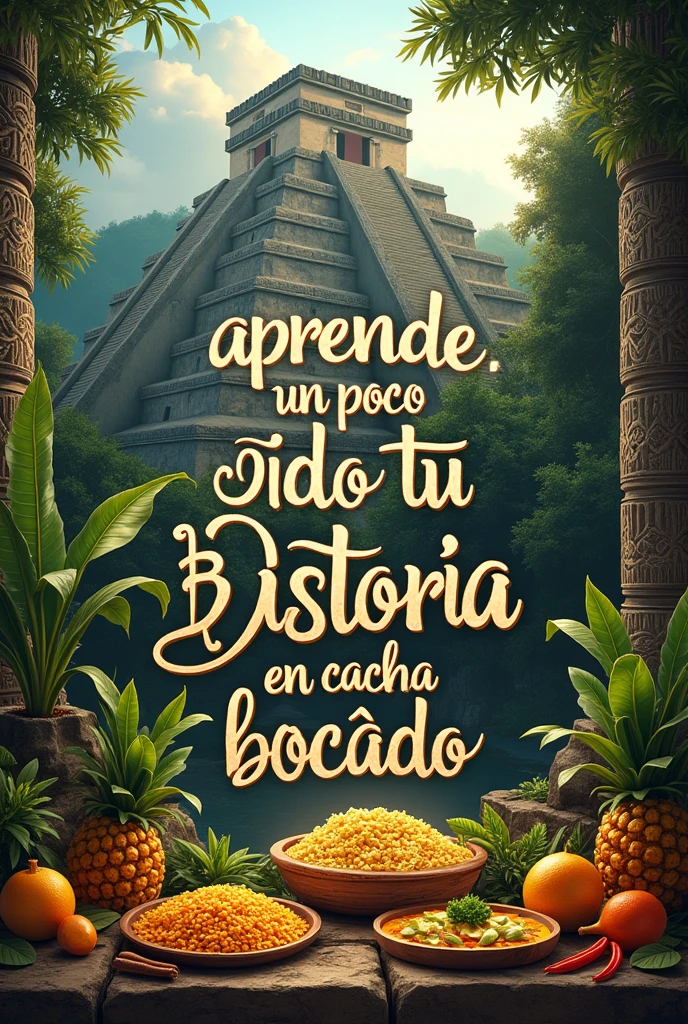 phrase "Learn A Little Of Your Story In Every Bite" with a Mayan background in Spanish