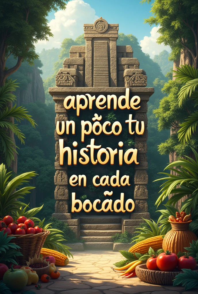 phrase "Learn A Little Of Your Story In Every Bite" with a Mayan background in Spanish