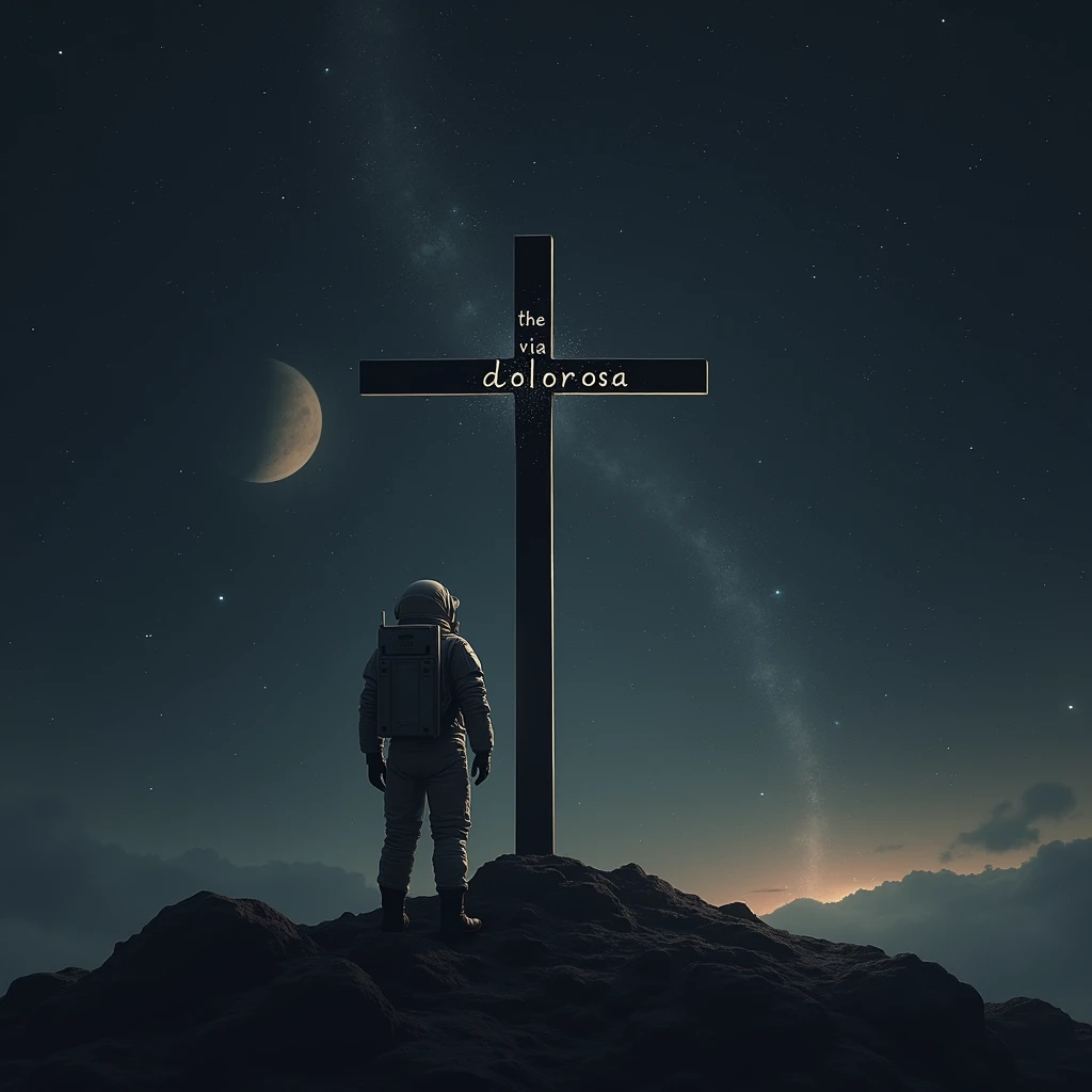 The Cross , in outer space , planets , Stars and an Austronaut , write the word “The Via Dolorosa”
