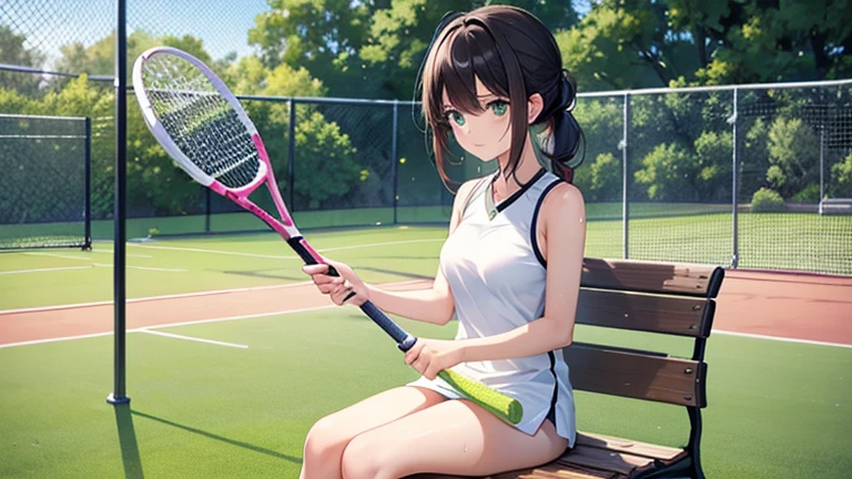 Please draw an illustration of a woman holding a tennis racket while taking a break between matches.。Woman sitting on a bench、She looks relaxed as she wipes away her sweat with a towel.。In the background is a green lawn and a tennis net.。