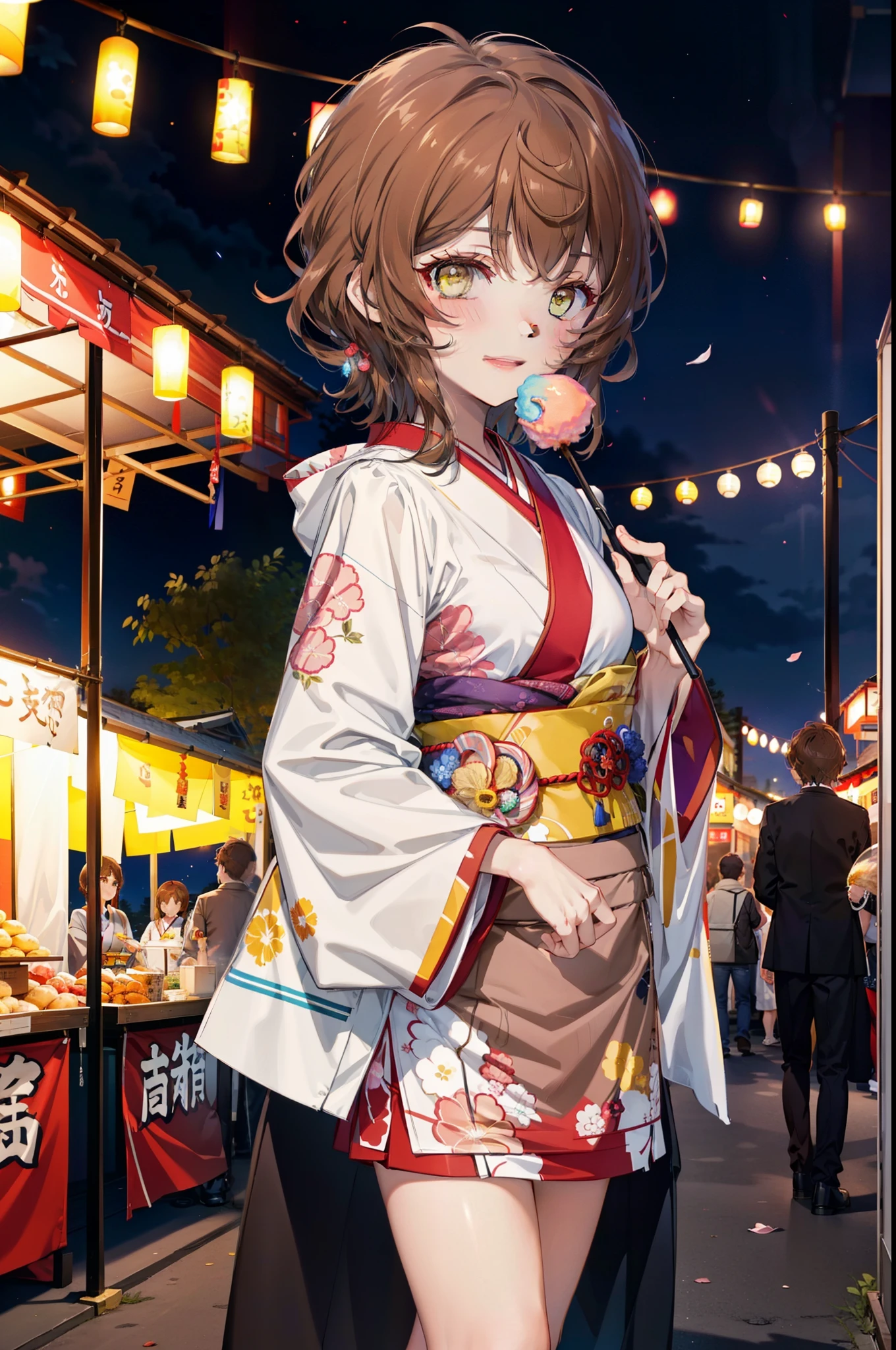 Lililukarde, (Brown eyes:1.7), Brown Hair, (Flat Chest:1.2), short hair,smile,blush,Open your mouth,Sparkler,Holding, squat, night,Red Kimono,mini skirt,He is holding cotton candy in his right hand and a clear bag full of cotton candy in his left hand.,Japanese Festivals,Summer festival food stalls,Red lantern,whole bodyがイラストに入るように,
break looking at viewer,whole body, (Cowboy Shot:1. 5),
break outdoors, Veranda,
break (masterpiece:1.2), Highest quality, High resolution, unity 8k wallpaper, (figure:0.8), (Beautiful attention to detail:1.6), Highly detailed face, Perfect lighting, Highly detailed CG, (Perfect hands, Perfect Anatomy),