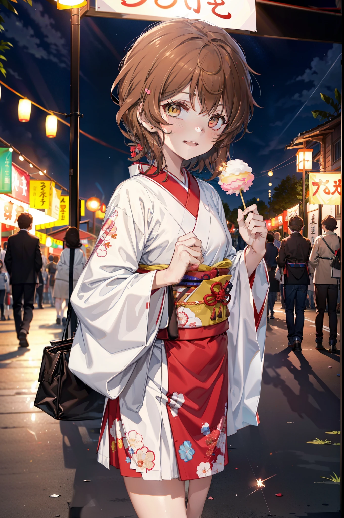 Lililukarde,  (Brown eyes:1.7), Brown Hair, (Flat Chest:1.2), short hair,smile,blush,Open your mouth,Sparkler,Holding, squat, night,Red Kimono,mini skirt,He is holding cotton candy in his right hand and a clear bag full of cotton candy in his left hand.,Japanese Festivals,Summer festival food stalls,Red lantern,whole bodyがイラストに入るように,
break looking at viewer,whole body, (Cowboy Shot:1. 5),
break outdoors, Veranda,
break (masterpiece:1.2), Highest quality, High resolution, unity 8k wallpaper, (figure:0.8), (Beautiful attention to detail:1.6), Highly detailed face, Perfect lighting, Highly detailed CG, (Perfect hands, Perfect Anatomy),