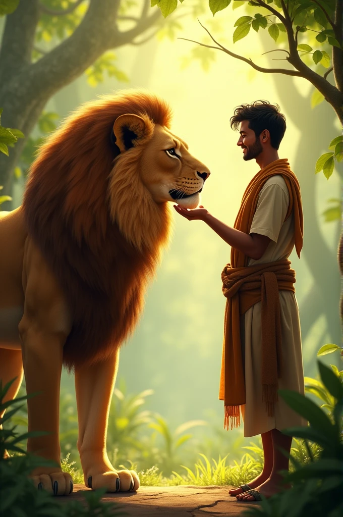 After being helped, the lion stands up and nuzzles Raju's hand, showing affection. Raju smiles and pats the lion's head. The two stand together, surrounded by the lush greenery of the jungle."