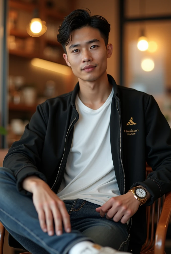 A handsome Thailand man with a clean face, very short black hair with a slightly body athletic look on the sides, wearing a white t-shirt with a premium logo, with an open black jacket,Neat jeans, stylish sports shoes, sitting relaxed in a cafe, with a cup of coffee, realistic hd