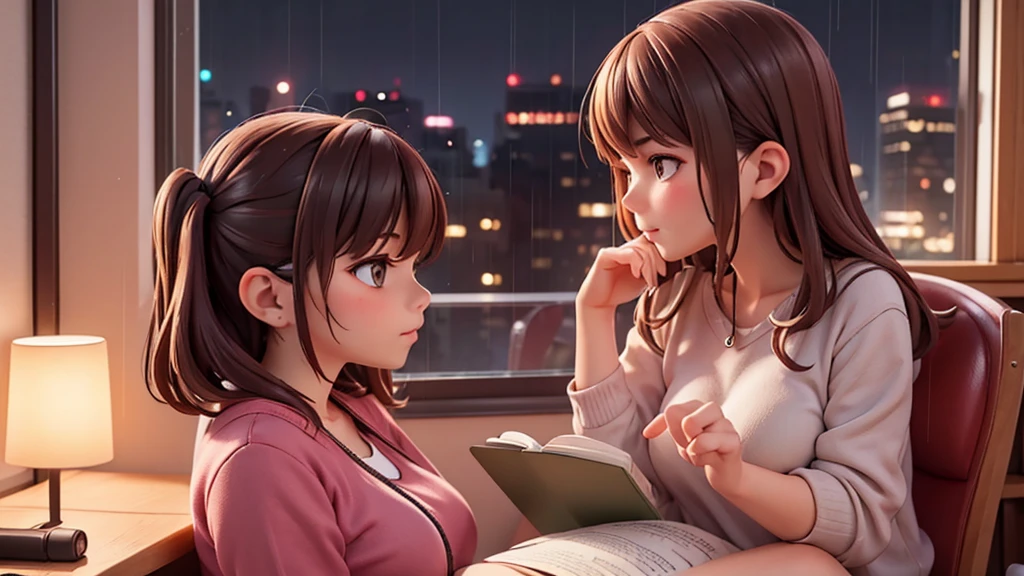 Make a picture of a beautiful girl in her 20s, casual, wearing earphones, sitting on a chair next to the window, reading a book in her room, dense urban environment, heavy rain outside the house, night time, side view