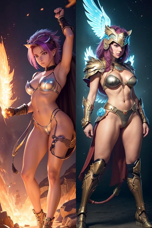 A young 15- yr old phoenix girl with lovely charming European face, having phoenix skin tone pigmenting texture, (wearing nose ring), (body builder, athletic masculine size body),(having a lots of battle scar's), (phoenix skin texture masterpiece ), (tomboyish cyber punk hairstyles look), (( wearing phoenix helmet)), (serious, with exposed teeths showing large fangs)(perfect full body detailed anatomy), (Super accessories detailed), (fighting  pose), (perfect detailed bright sparkling eyes),( short illuminating hair), ((expose big hard erect nipples))(( wearing illuminating transparent armored panty and bra,  with pussy clitoris exposed ))((legs wide open showing pussy line))(( Wearing illuminating transparency lion costumes )), (( holding  treasure shield )), ( crystalized cliff background), (( having bird wings and tails)), (( illuminating different lights covering the sorrounding atmosphere  of battle fields)) on its back wearing  dark cape detailed design, has a angry face, 7 different perspective view of that same girl & face profile sheet character style 