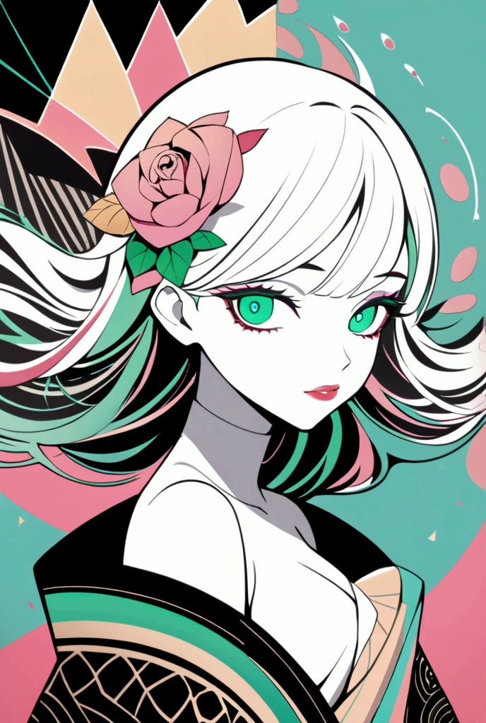 masterpiece, best quality, dynamic, cinematic, mystical, beautuful japanese girl, beautiful detailed eyes, beautiful detailed lips, extremely detailed eyes and face, long eyelashes, teacherly pose, advanced modern expressionism, rich textures, amalgamation of modern and classical influences, diverse materials, high contrast, pink rose, vivid colors, gold liquid splatter, emerald green background, breathtaking color palette, flowing elegance, sharp geometric symbolism, Leyendecker, Jackson Pollock splatter dynamics, Gustav Klimt ornamental gold, chiaroscuro, kaleidoscopic, multidimensional, ethereal glow, captivating uniqueness, surreal juxtapositions, visual symphony, unforgettable visual narrative, edgy, mathematical, simple-shaped vectors, highly modern, stylistic, polygonal abstraction, vector art, bold lines, minimalist color scheme, digital art, abstract geometry