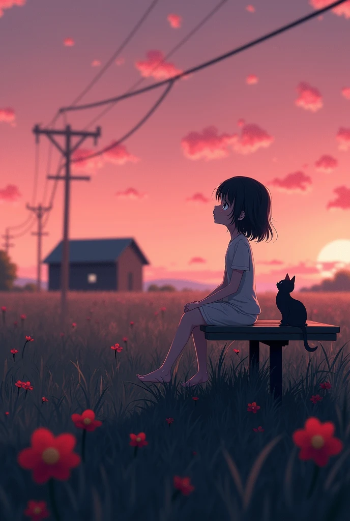 A anime character girl sitting on a bench roadside looking the sky and crying , some wood house , a cat sat, one pink sky, red flower, the field is dark ,black, the girl also colourless