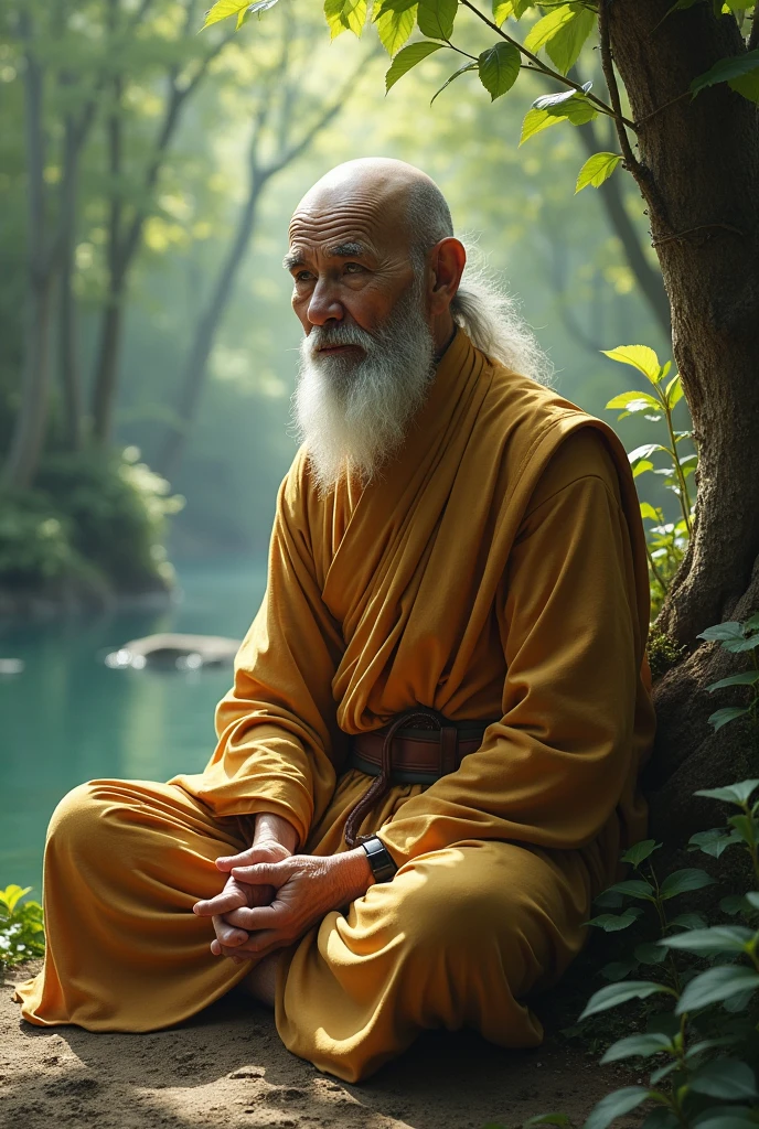 "A wise old monk with a serene expression, wearing traditional robes and sitting in a peaceful, natural setting. The monk has a gentle and inspiring presence, with a calm and reflective demeanor." (Looking at front)
