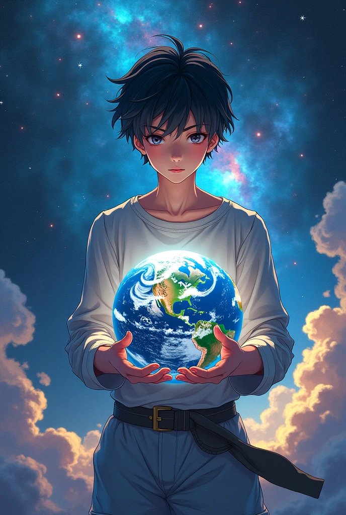 Anime boy male gender over holding the planet Earth surrounded by the galaxy in 2d