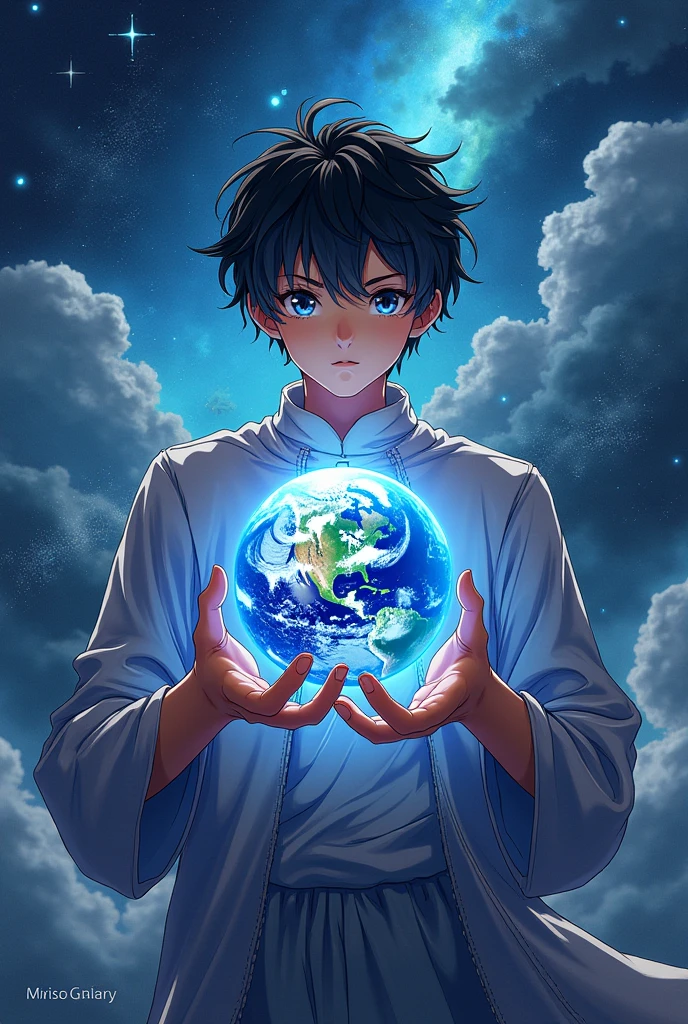 Anime boy male gender over holding the planet Earth surrounded by the galaxy in 2d