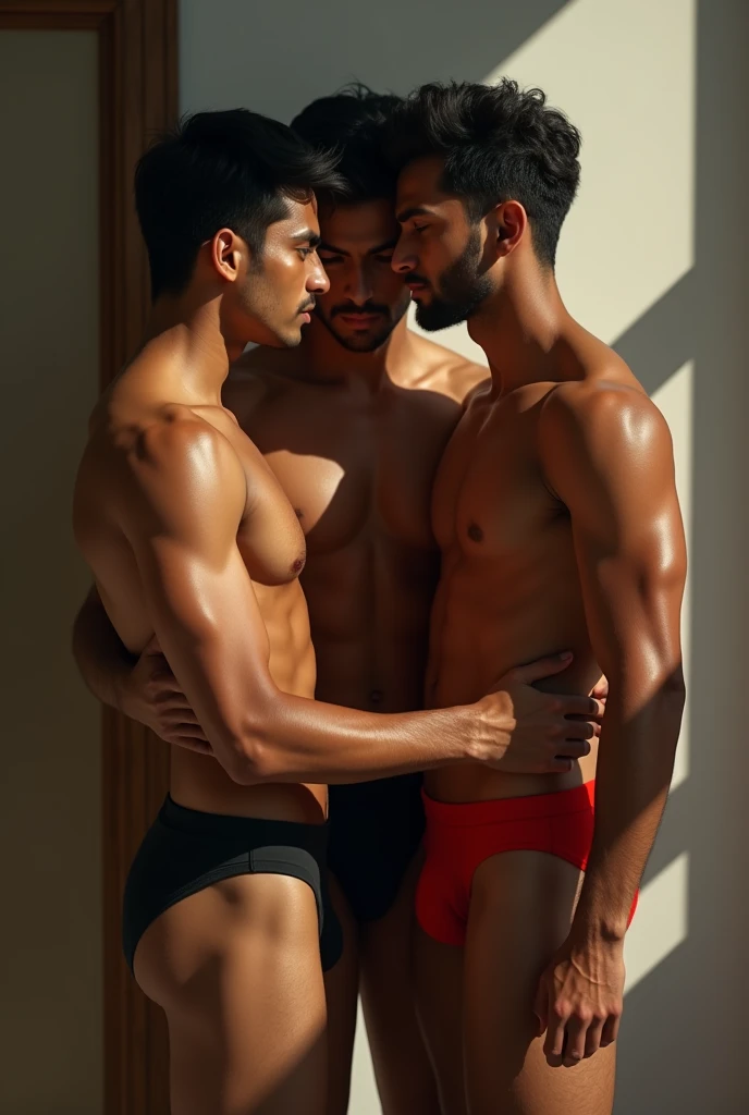 a young indian boy, 2 boys in black and red color underwear, detailed facial features, beautiful eyes, detailed lips, detailed skin, muscular bodies, sensual poses, intimate moment, chiaroscuro lighting, cinematic composition, dramatic shadows, moody atmosphere, romantic, dark fantasy, highly detailed, 8k, photorealistic, masterpiece in day with full lights. And were Lux classic trunk underwear only