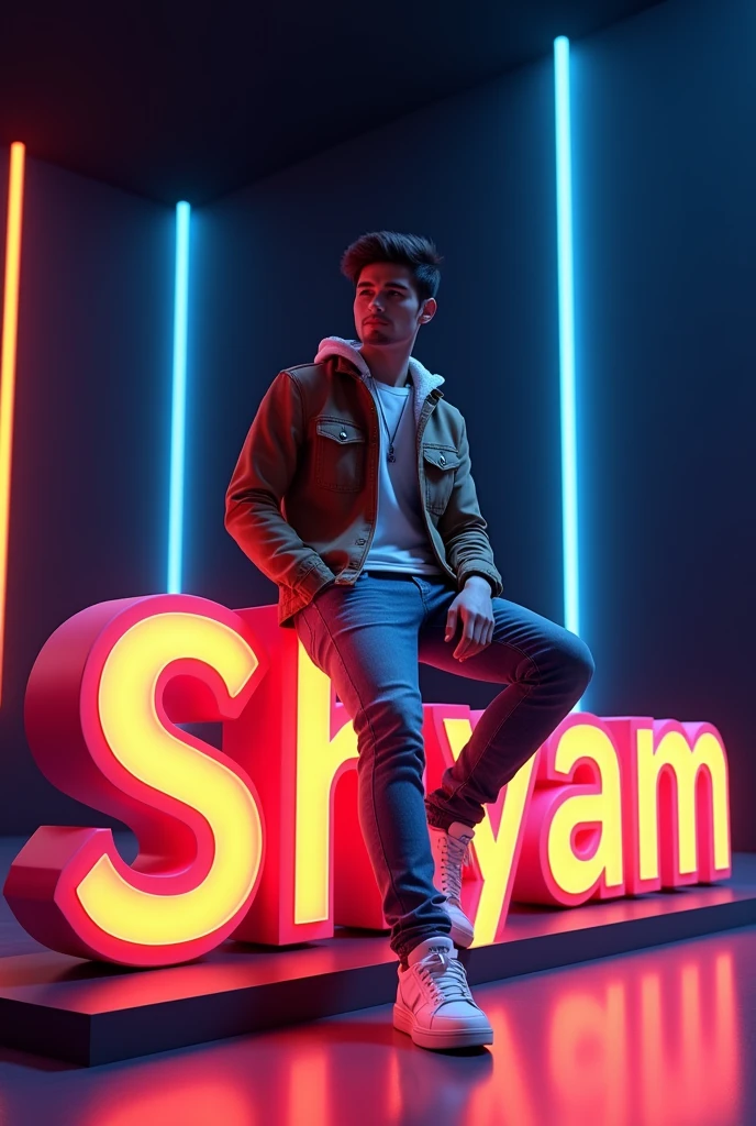 Create a vibrant 3D scene with SMART GRAPHIC and a handsome boy sitting casually on the Shyam large 3D text logo. Dress him in trendy casual attire like jeans, a jacket, and sneakers. The background should black wall make sure name is not misspelled