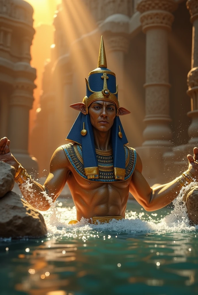 Generate a close-up portrait of Atum, the primordial deity, focusing on his intense gaze and wise, aged features. His face is deeply lined with the wisdom of eternity, his eyes glowing with the light of the sun. He wears the khepresh (blue war crown) of the pharaohs, adorned with gold and lapis lazuli, and his skin has a golden bronze hue. The background is a gradient of deep reds and purples, symbolizing the transition from chaos to order. Use masterpiece, best quality, CG, wallpaper, HDR, high quality, ultra detailed face, cinematic, high detail, 8k, raw, high, artstation HQ, unreal engine, octane renderer, 4k resolution, hyperrealistic, highly detailed, and absurdres settings