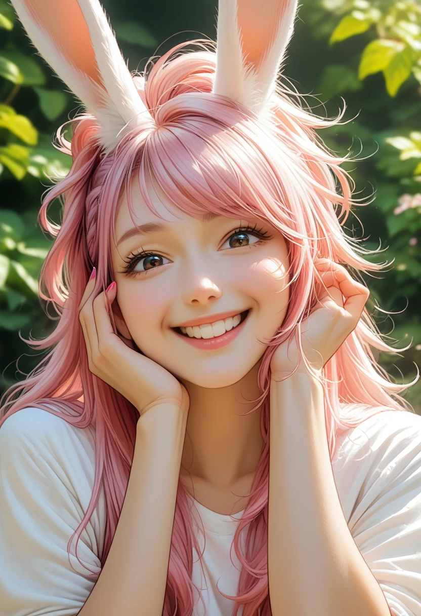 anime style, a closeup of a cartoon of a woman with ears and rabbit tail, with rabbit tail, with rabbit ears, girl design, mara, portrait, giesha, anime image, long hair, pink hair, hair covering ears, happy, polished and powerful look, exotic, tall