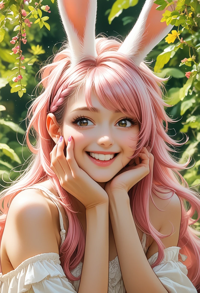 anime style, a closeup of a cartoon of a woman with ears and rabbit tail, with rabbit tail, with rabbit ears, girl design, mara, portrait, giesha, anime image, long hair, pink hair, hair covering ears, happy, polished and powerful look, exotic, tall  