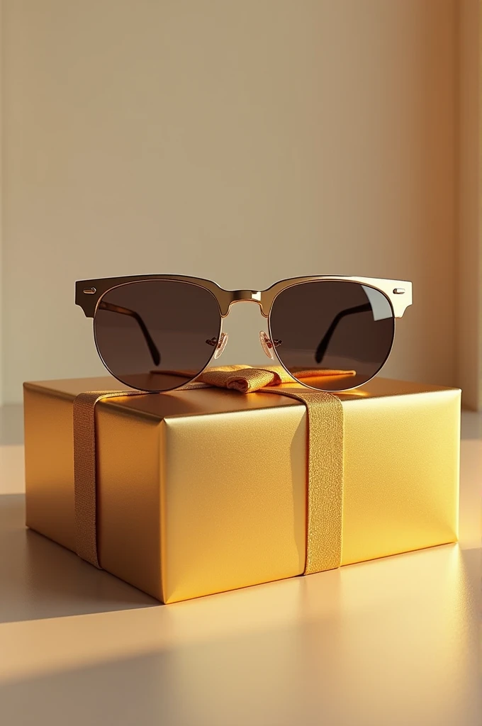 Hyper Realistic sunglass with golden gift box give me images